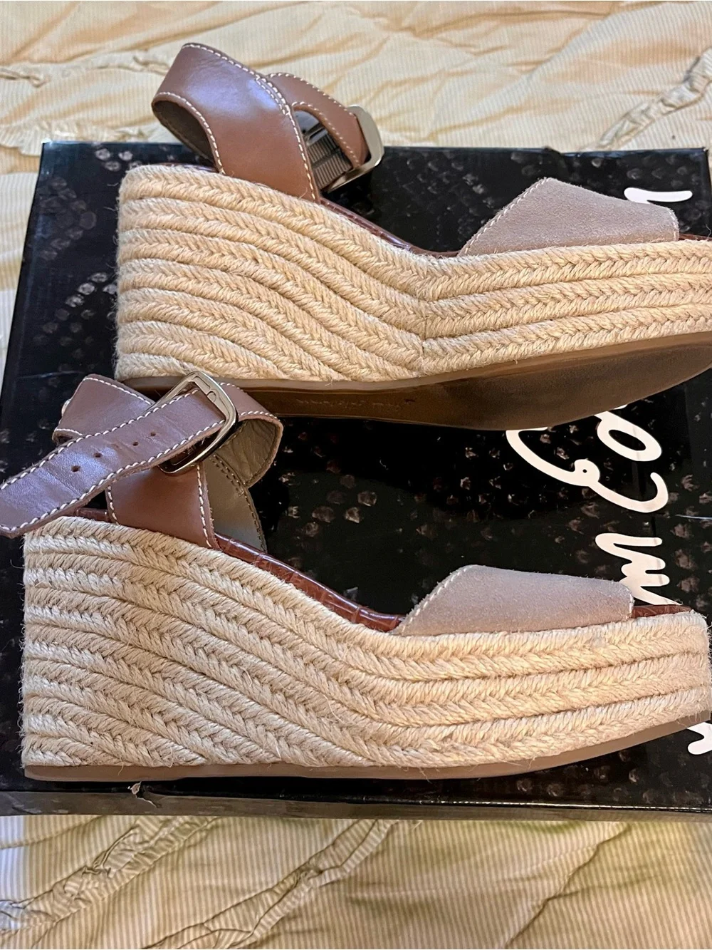 Sam Edelman Blush Suede Espadrille Wedge Sandals with Tan Ankle Strap